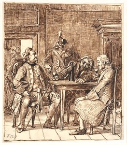 Szene aus Barselsstuen. Corfitz trinkt Rheinwein mit dem Offizier und Jens Olsen