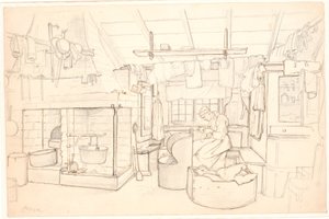 Schwedisches Bauernhaus mit nähender Frau von Wilhelm Marstrand