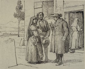 Vor einem Haus ermahnt ein Priester ein junges Ehepaar