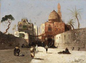 Orientalische Straßenszene mit Moschee, Minarett und Händlern auf einem Vorplatz von Wilhelm Sohn