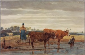 Bäuerin mit Weidevieh am Wasser von Wilhelm von Kobell