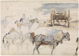Studienblatt mit Muschelwagen am Strand und verschiedenen Studien von Pferden von Willem Anthonie van Deventer