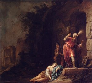 Der Levit von Ephraim entdeckt den leblosen Körper seiner Geliebten, die von Banditen missbraucht wurde (Tod der Konkubine des Leviten) von Willem Bartsius