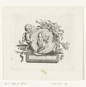 Büste von Homer auf Medaillon, gehalten von einem Engel und mit Blumen und Palmzweigen verziert