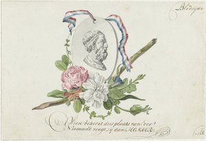 Vignette mit Blumen, Porträtmedaillon und Band von Willem Bilderdijk