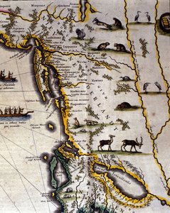 Geografische Karte des 17. Jahrhunderts aus dem niederländischen Atlas von Wilhelm Blaeu (1571-1638), die amerikanische und kanadische Gebiete zeigt. Der Norden ist unten gemäß mittelalterlicher Gewohnheit.