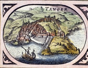 Ansicht der befestigten Stadt Tanger und der Küste, Marokko. Karte aus dem niederländischen Atlas von W. G. Blaeu, Amsterdam von Willem Blaeu