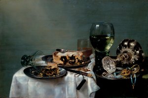 Stillleben mit Frühstückstisch und Brombeerkuchen von Willem Claesz. Heda