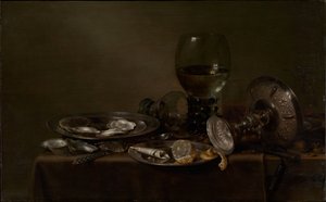 Stillleben mit Austern, einer silbernen Tazza und Glaswaren von Willem Claesz. Heda