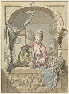 Frau gießt Milch aus einem Krug, in einem Fenster von Willem Joseph Laquy