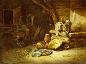 Eine Küche mit Gemüse in einem Weidenkorb, Zinntellern und einem Kürbis