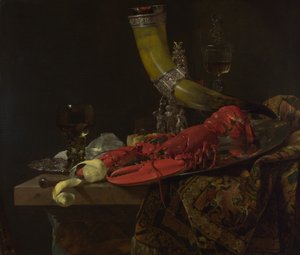 Stillleben mit dem Trinkhorn der Sankt-Sebastian-Schützengilde, Hummer und Gläser, ca. 1653 von Willem Kalf