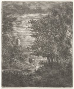 Hügellandschaft mit Ruine und Boot auf Wasser bei Mondlicht von Willem Matthias Jan van Dielen