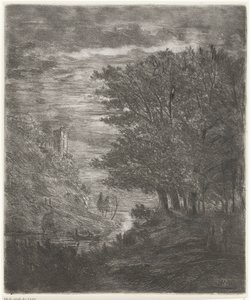 Hügellandschaft mit Ruine und Boot auf Wasser bei Mondlicht von Willem Matthias Jan van Dielen