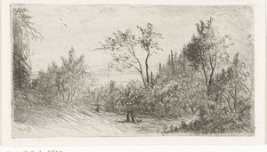 Hügellandschaft mit Spaziergängern und Hund am Waldrand von Willem Matthias Jan van Dielen