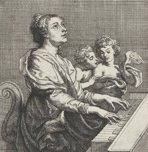 Heilige Cäcilia spielt die Orgel mit zwei Putti rechts, ca. 1631