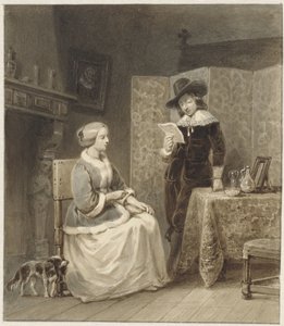 Historisches Interieur mit sitzender Frau und stehendem, lesendem Mann von Willem Pieter Hoevenaar