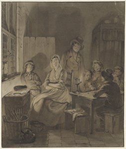 Interieur mit Gruppe von Menschen um einen Tisch bei Kerzenlicht