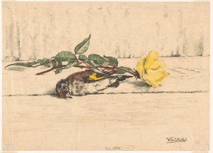 Toter Stieglitz neben einer Rose liegend von Willem Roelofs (II) (signed by artist)