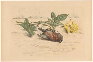 Toter Fink neben einer Rose von Willem Roelofs (II) (signed by artist)