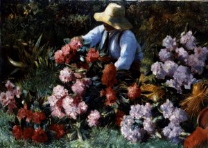 Rhododendren. Ein Gärtner kümmert sich um seine Blumen in einem Garten. Gemälde von Willem Roelofs (1822-1897)