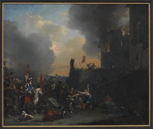 Soldaten plündern und brennen ein Kloster nieder