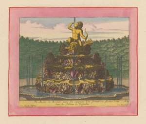 Brunnen mit einer Statue eines Putto mit Bogen in der Hand, sitzend auf einem Delfin von Willem Swidde