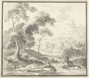 Idyllische Hügellandschaft mit Frauen an einem Bach