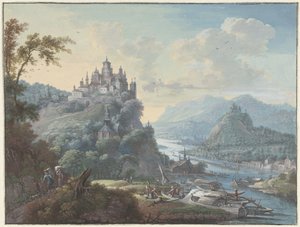 Flusslandschaft mit einer Stadt auf einem Hügel von Willem Troost (I)