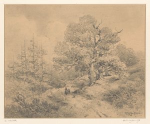 Landschaft mit Bäumen, zwei Figuren und einem Hund