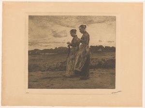 Zwei stehende Strickerinnen in einer Landschaft in Ede von Willem Witsen (signed by artist)