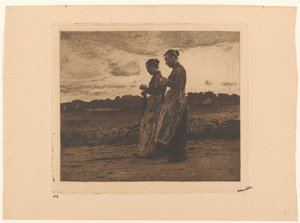 Zwei stehende Strickerinnen in einer Landschaft in Ede von Willem Witsen (signed by artist)
