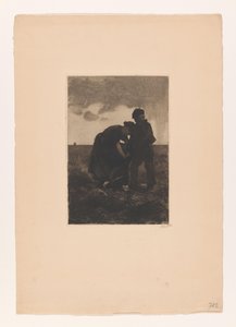 Frau und Junge in Holzschuhen mit einem Jutesack auf dem Feld (Aardappeloogst) von Willem Arnoldus Witsen