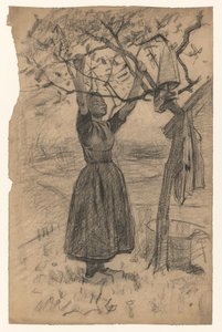 Frau hängt die Wäsche in einen Baum, nach rechts von Willem Arnoldus Witsen