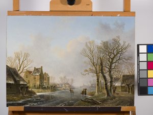 Schlittschuhläufer auf einem zugefrorenen Fluss, Dordrecht von Willem de Klerk