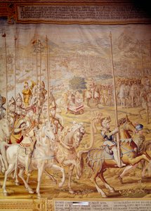 Eroberung von Tunis durch Kaiser Karl V. im Jahr 1535: Darstellung des Kaisers und des Infanten Don Luis. Detail eines Wandteppichs von Willem de Pannemaker (1554) Alcazar de Sevilla