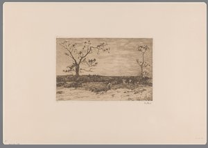 Landschaft mit kahlen Bäumen und Holzfällern