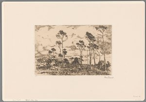Landschaft mit kahlen Bäumen und Holzfällern
