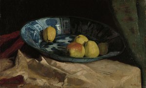 Stillleben mit Äpfeln in einer Delfter blauen Schale