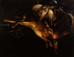 Stillleben eines Hasen, eines Rebhuhns und Jagdausrüstung über einer Marmorkante von Willem van Aelst
