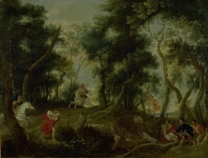 Landschaft mit Atalanta und Meleager auf der Jagd nach dem kalydonischen Eber von Willem van Herp