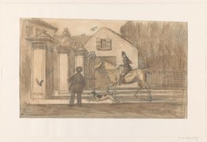 Das Tor an der Scheveningse Weg in Den Haag; ein Reiter mit Hund passiert von Willem van Konijnenburg
