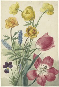 Blumenstrauß aus Tulpen, Veilchen, Traubenhyazinthen und Dotterblumen von Willem van Leen