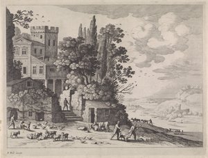 Landschaft mit einem Haus, Figuren und Vieh