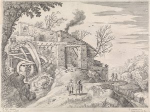 Landschaft mit einer Wassermühle und dem barmherzigen Samariter (Italienische Landschaften) von Willem van Nieulandt (II)