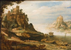 Küstenlandschaft mit dem sogenannten Tempel der Sibylle in Tivoli von Willem van Nieulandt d.Y.