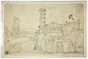 Ansicht in Rom: Torre della Melisa, Ruinen einer frühchristlichen Kirche von Willem van Nieuwlandt II