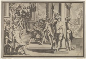 Allegorie der Gerechtigkeit Heiligkeit des Gesetzes mit einer Gerichtsszene, die einen begnadigten Mann darstellt, 1605