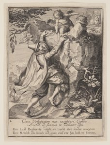Ein junger Mann, der mit Hilfe von Amor einen Hang erklimmt, aus Allegorie des Missbrauchs weltlichen Eigentums von Willem van Swanenburgh