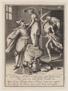 Tod mit einem Pfeil, der im Begriff ist, einen Mann niederzuschlagen, aus Allegorie des Missbrauchs weltlicher Güter von Willem van Swanenburgh